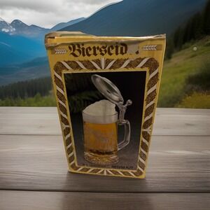 German Beer Stein Deer Buck Elk Design, Pewter Lid Etched Glass Beer Mug In Box